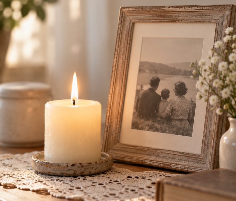 Zapálená sviečka doma pri rodinnej fotografii